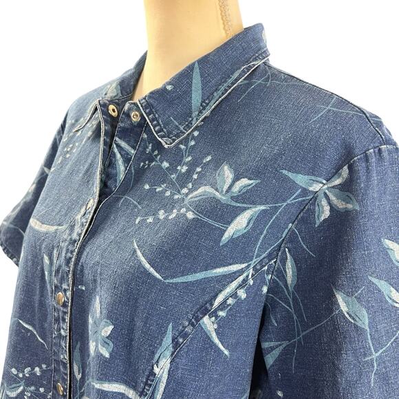 Requirements Shirt Women Sz XL Blue Floral Nautical Linen Blend Coastal Snap Top - Picture 2 of 11